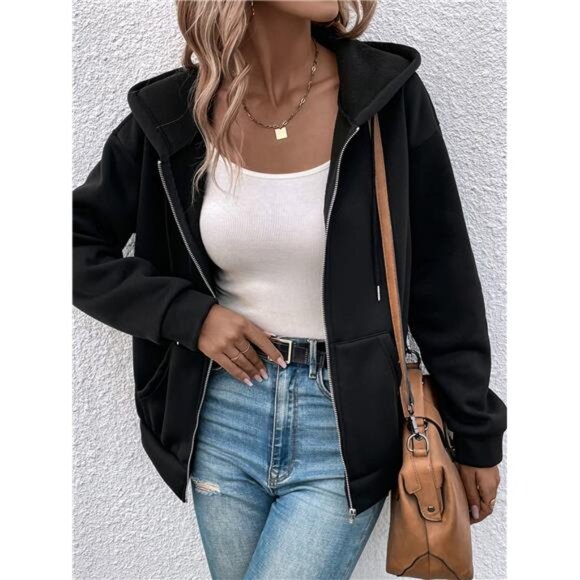 Drop Shoulder Drawstring Zipper Hooded Jacket
